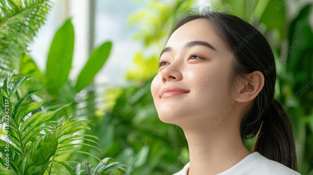 Young Woman Enjoying the Benefits of Air Purifying Plants in a Lush Green Environment Young Woman Enjoying the Benefits of Air Purifying Plants in a Lush Green Environment
