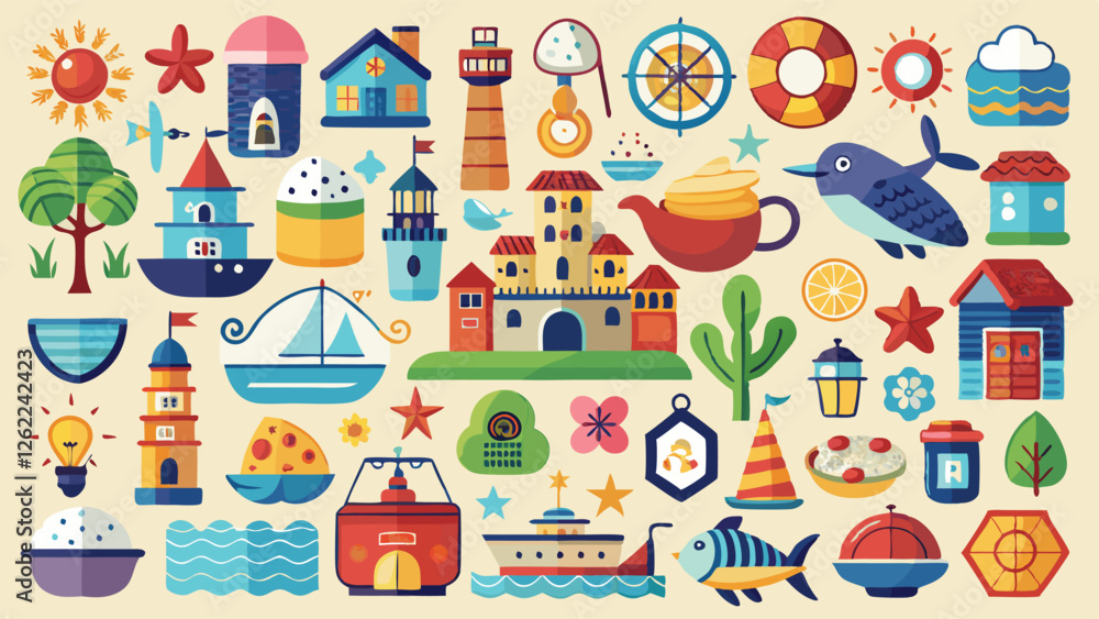 a charming assortment of seaside and nautical-themed designs, including lighthouses, sailboats, fish, and whimsical houses, perfect for adding a playful and colorful touch to creative projects. a charming assortment of seaside and nautical-themed designs, including lighthouses, sailboats, fish, and whimsical houses, perfect for adding a playful and colorful touch to creative projects.