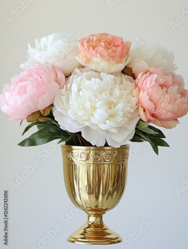A gold vase filled with white and pink flowers