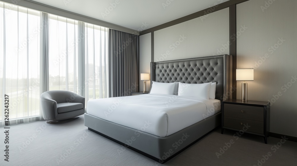modern and luxurious bedroom with a large bed in the center. The bed has a gray upholstered headboard and is neatly made with white linens and pillows. 2 modern and luxurious bedroom with a large bed in the center. The bed has a gray upholstered headboard and is neatly made with white linens and pillows. 2
