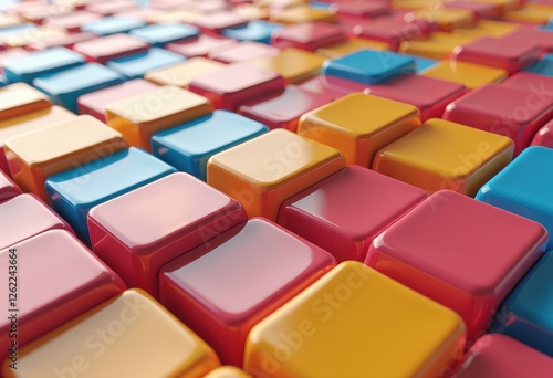 3D Render: Vibrant Abstract Cube Surface in Red, Blue, Yellow, and Pink Colors. A close up of a vibrant, glossy surface composed of cubes. photo