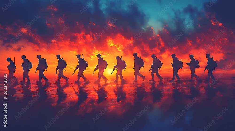 Fototapeta premium A powerful composition of soldier silhouettes from different time periods walking in unison, blending history and modernity, deep orange and blue sunset casting long shadows, moody atmosphere,