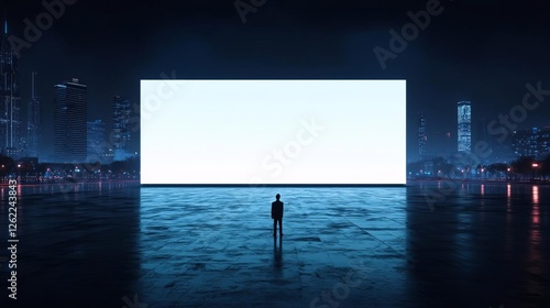 A solitary figure stands before a large blank screen in a futuristic cityscape.