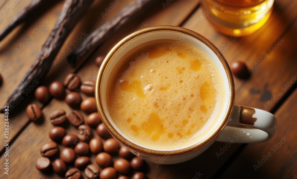 Warm cup of coffee with beans and spices Warm cup of coffee with beans and spices