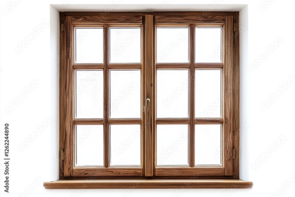 Obraz premium A rectangular wooden window with panes stands against a white wall