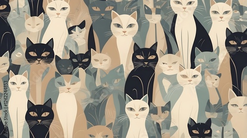 Cute cartoon kittens form a seamless pattern, perfect for a fun and playful design