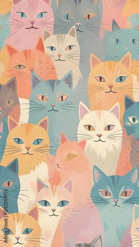 Cute cartoon cats seamless pattern vector illustration