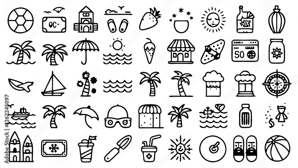 A delightful vector icon set featuring 50 hand-drawn summer and beach-themed illustrations, from playful palm trees to refreshing ice cream cones A delightful vector icon set featuring 50 hand-drawn summer and beach-themed illustrations, from playful palm trees to refreshing ice cream cones