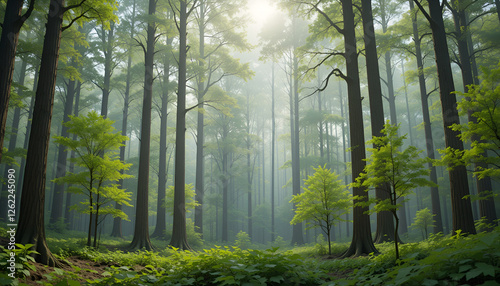 The forest has young trees, big trees, and wide and tall forests.