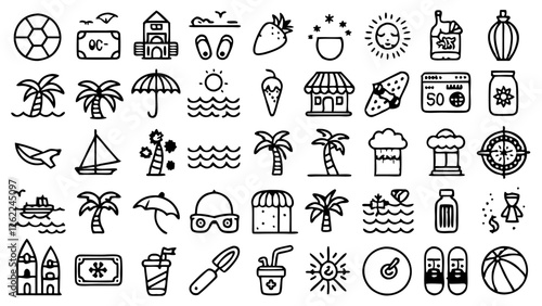 A delightful vector icon set featuring 50 hand-drawn summer and beach-themed illustrations, from playful palm trees to refreshing ice cream cones