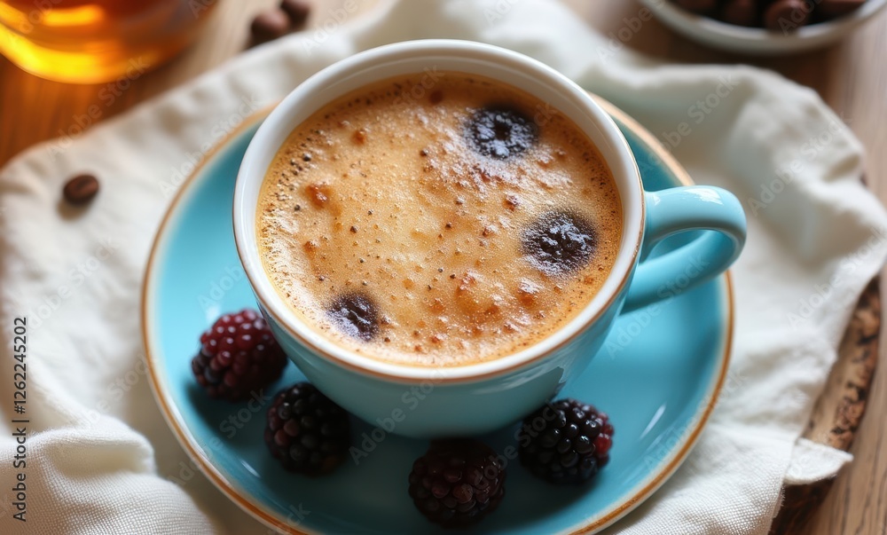 Delicious coffee with blackberries on a plate Delicious coffee with blackberries on a plate