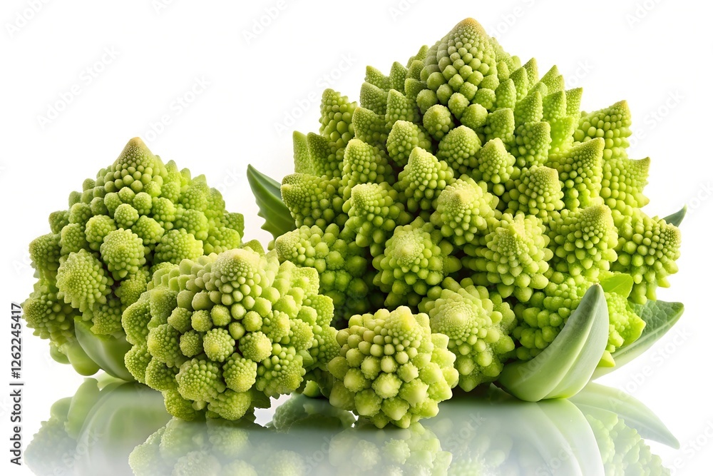 Fresh Romanesco Whole and Sliced on a White Background Fresh Romanesco Whole and Sliced on a White Background