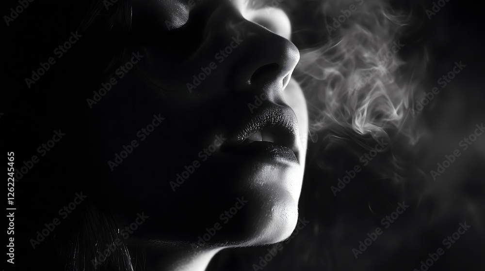 close up portrait of woman with serene expression, surrounded by wisps of smoke, creating dramatic and moody atmosphere. interplay of light and shadow enhances emotional depth of image close up portrait of woman with serene expression, surrounded by wisps of smoke, creating dramatic and moody atmosphere. interplay of light and shadow enhances emotional depth of image