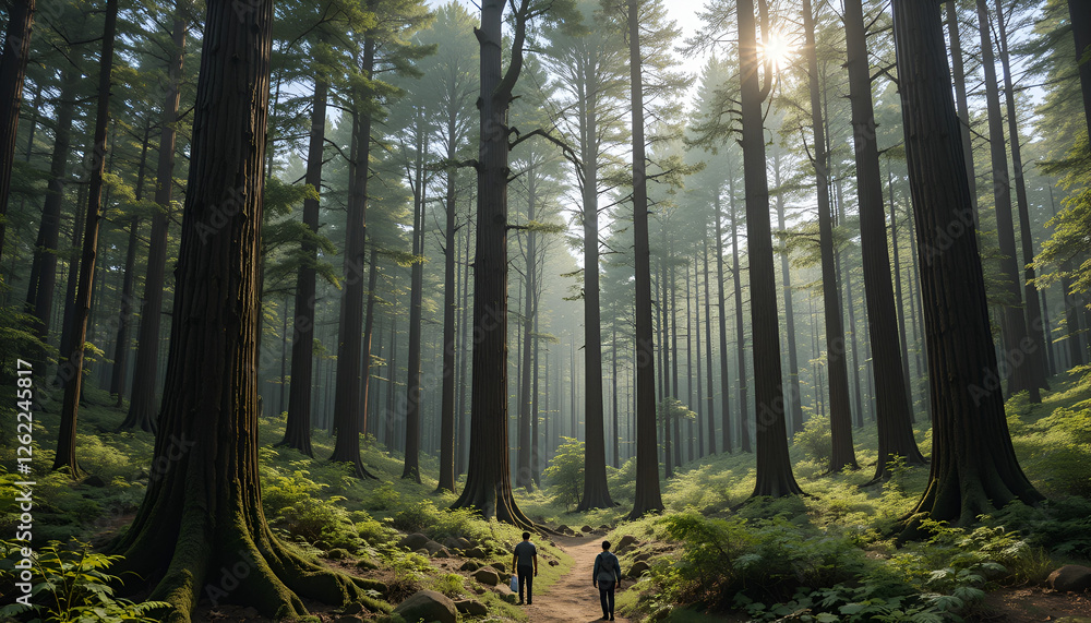 Obraz premium The forest has young trees, big trees, and wide and tall forests.