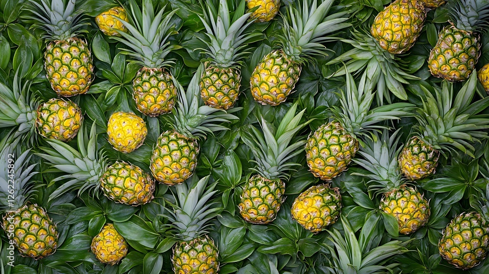 Pineapple background with green leaves. Flat lay, top view Pineapple background with green leaves. Flat lay, top view