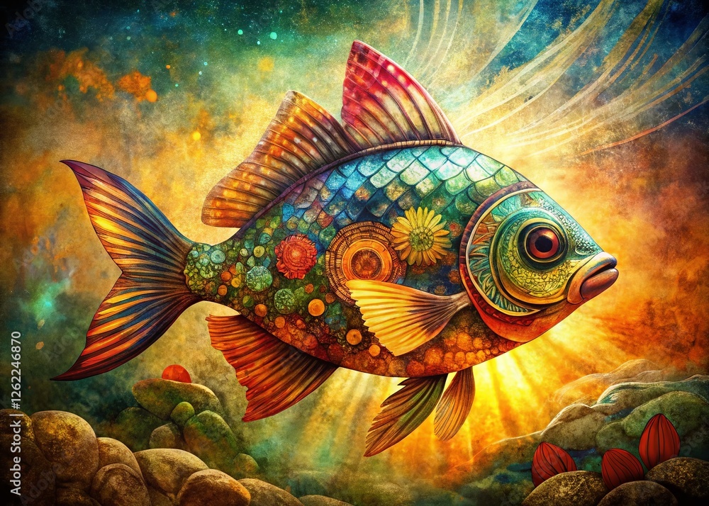 Fototapeta premium Boho Fish Double Exposure: Textured Background Art Print