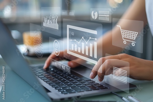 Hands Typing on Laptop with Floating Graphs and Analytics Icons – Digital Business, Data Visualization, and Online Growth Concept