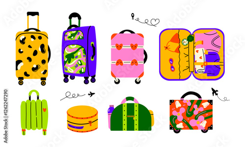 Set of suitcases, bags and backpacks for travel. Various kinds of travel luggage. Family traveling suitcases, cabin luggage and check in baggage. Vector illustration in flat hand drawn style design.