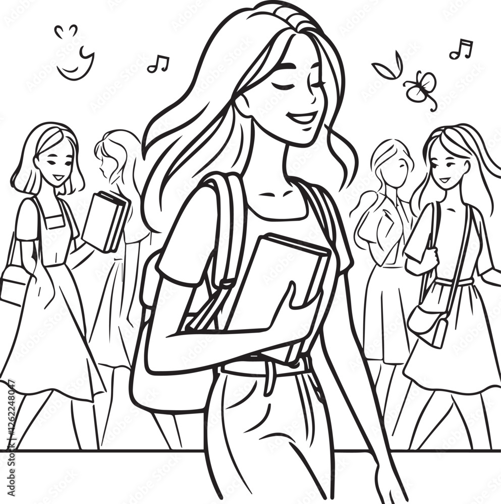 A girl is walking, books in hand, smiling face art line silhouettes vector style with white background A girl is walking, books in hand, smiling face art line silhouettes vector style with white background
