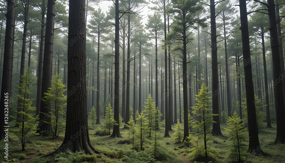 Obraz premium The forest has young trees, big trees, and wide and tall forests.
