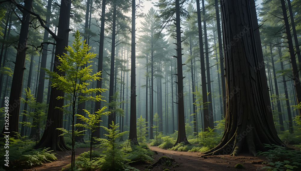 Obraz premium The forest has young trees, big trees, and wide and tall forests.