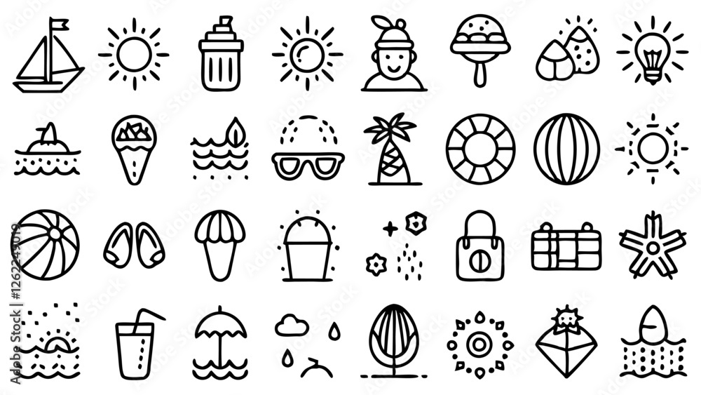 Fototapeta premium A dynamic vector icon set showcasing 36 vibrant summer-themed designs, including beach balls, suns, palm trees, and nautical elements, perfect for adding a splash of sunny joy to creative projects