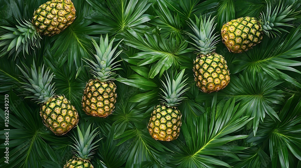 Pineapple background with green leaves. Flat lay, top view Pineapple background with green leaves. Flat lay, top view