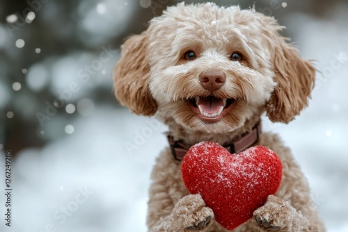 Ad critter creative. Lagotto romagnolo - my cherished dog, symbol of friendship. Cute lagotto romagnolo canine with companion toy red heart on a walk in a winter garden. Cozy winter puppy. photo