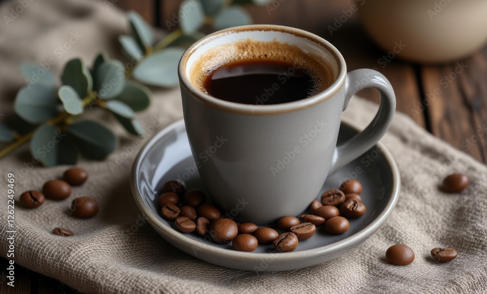 Coffee cup with beans on wooden table Coffee cup with beans on wooden table