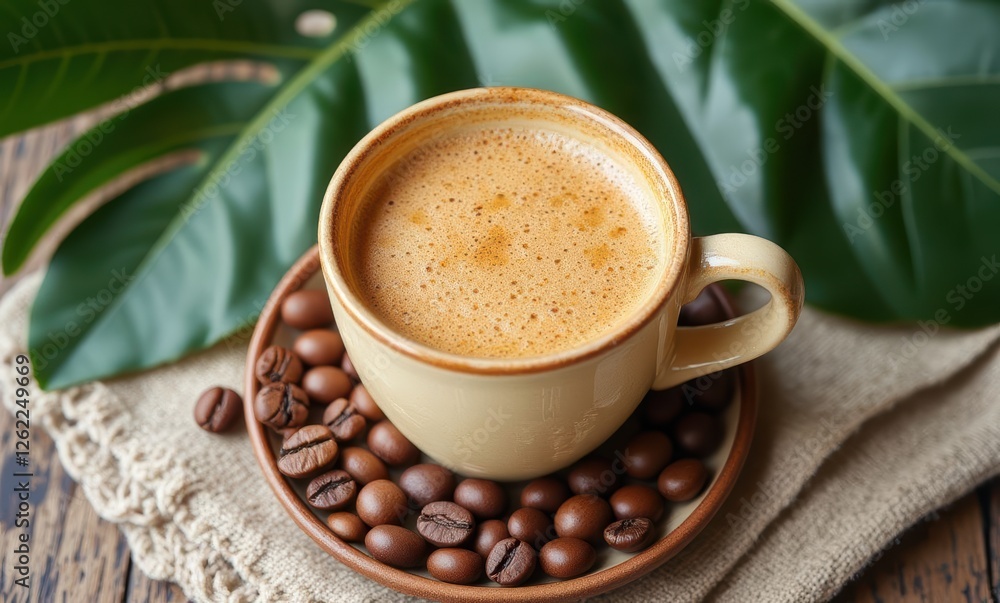 A warm cup of coffee with beans A warm cup of coffee with beans