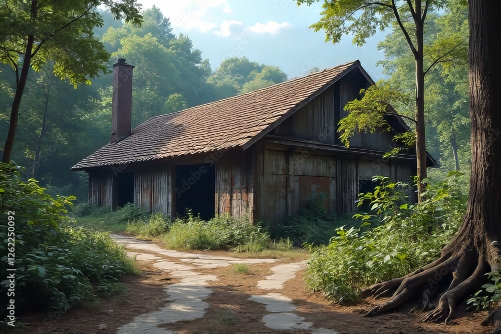 Rustic Wooden Shed in a Wooded Area, Countryside Scene Rustic Wooden Shed in a Wooded Area, Countryside Scene