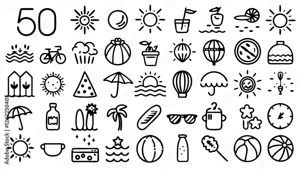 A sleek and minimalist vector icon set of 36 summer-themed line art illustrations, featuring timeless vacation symbols such as the sun, beach umbrellas, sandcastles, and ice cream, perfect for adding A sleek and minimalist vector icon set of 36 summer-themed line art illustrations, featuring timeless vacation symbols such as the sun, beach umbrellas, sandcastles, and ice cream, perfect for adding