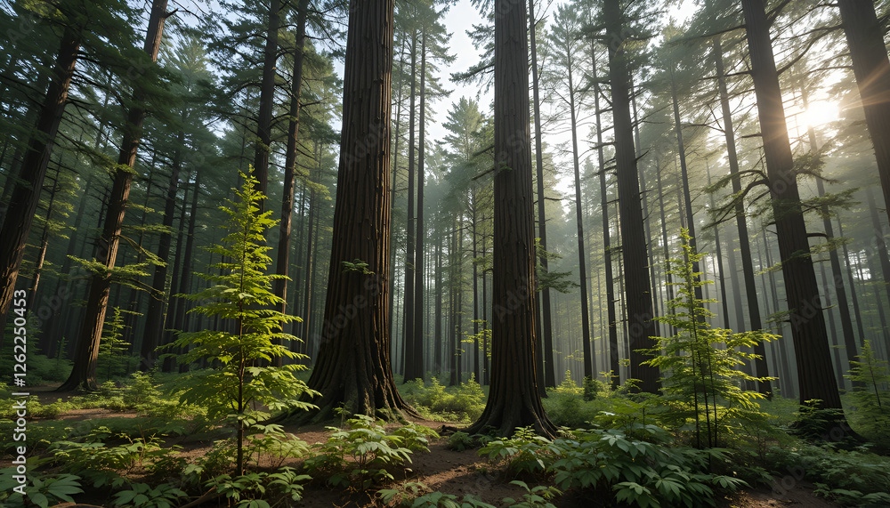 Obraz premium The forest has young trees, big trees, and wide and tall forests.