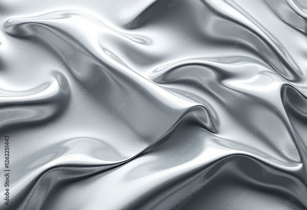 3D Render: Shiny Silver Satin Fabric with Reflective Sheen and Smooth Texture. A close up shot of a shiny silver fabric.
