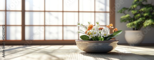 A vase of flowers sits on a table in front of a window