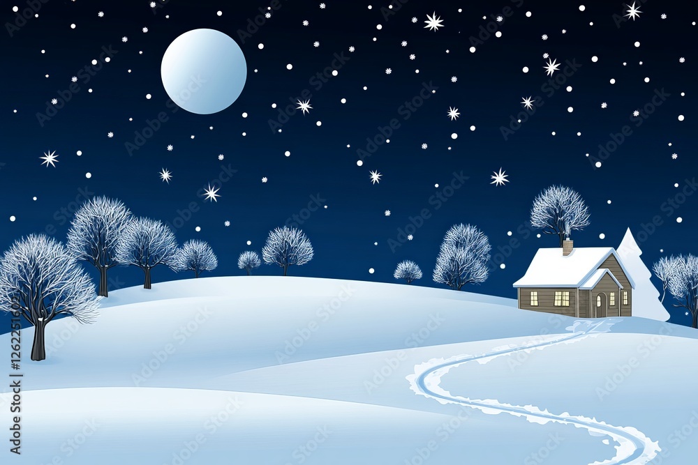 Naklejka premium Snowy winter landscape with moonlit trees, a winding path, and cozy cabin in the distance, evoking serenity and calm under a crisp, star filled sky