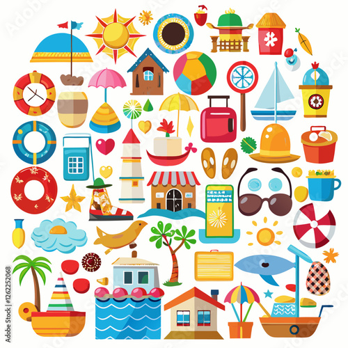 Colorful beach icon vector such as sailboats, beach balls, sun, waves, and more. Perfect for web design, mobile apps, promotional materials, or infographic