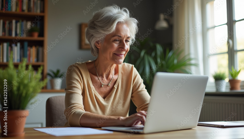 Smiling Senior Woman Working on Laptop at Home Smiling Senior Woman Working on Laptop at Home