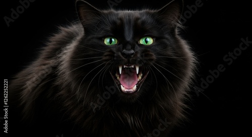 Fierce black cat with glowing green eyes and sharp teeth on black background