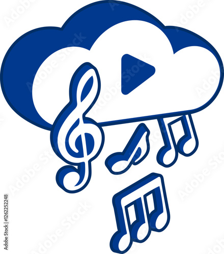 3D musical notes rain down from cloud service. Downloading and listening of music on internet streaming database. Vector sticker advertising design element isolated on white background