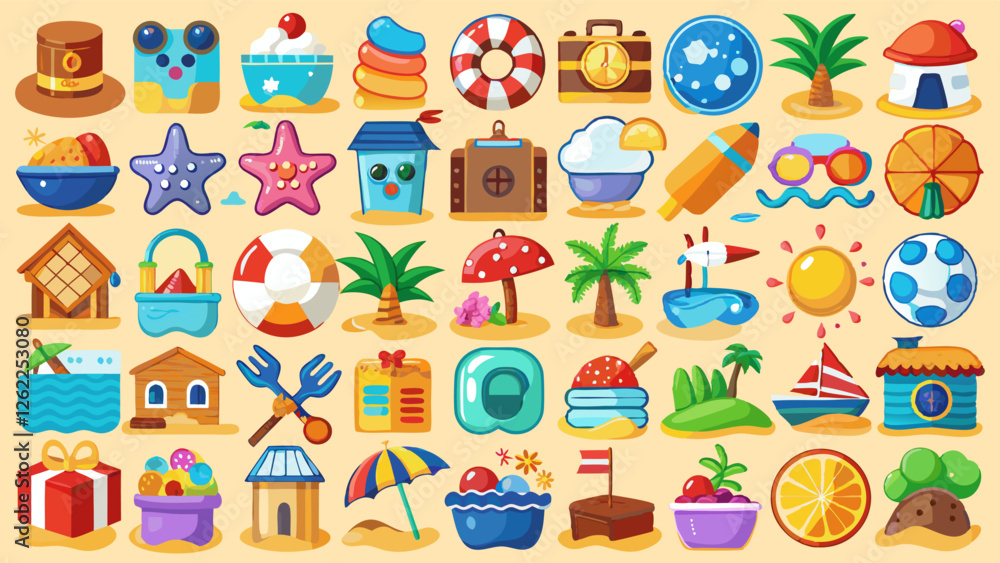 Fototapeta premium Colorful beach icon vector such as sailboats, beach balls, sun, waves, and more. Perfect for web design, mobile apps, promotional materials, or infographic