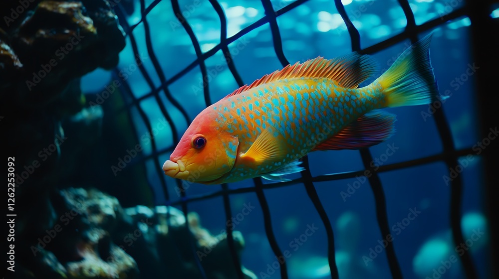 Naklejka premium A brightly colored parrotfish swimming gracefully inside an aquarium-style cage, vivid hues glowing under blue light.