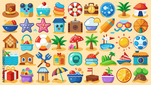 Colorful beach icon vector such as sailboats, beach balls, sun, waves, and more. Perfect for web design, mobile apps, promotional materials, or infographic