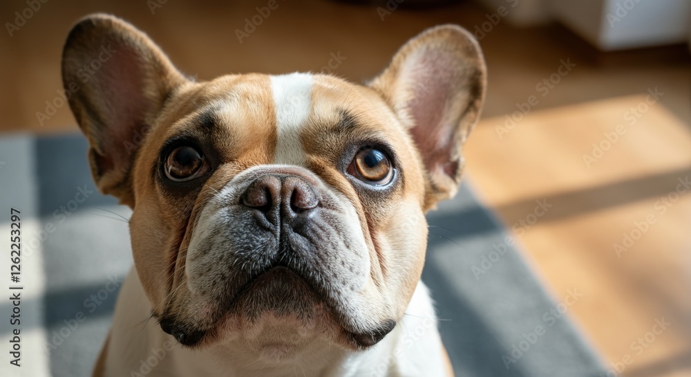 French bulldog with alert expression in sunlit room French bulldog with alert expression in sunlit room