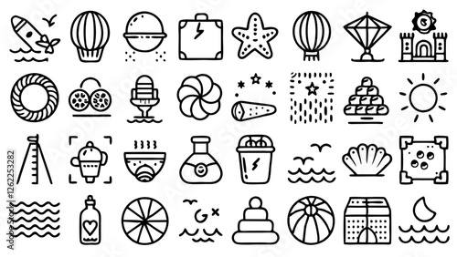vector icon set featurin 36 delightful summer-themed designs, including hot air balloons, seashells, beach balls, and ice cream cones, perfect for adding a playful and seasonal touch to creative proje