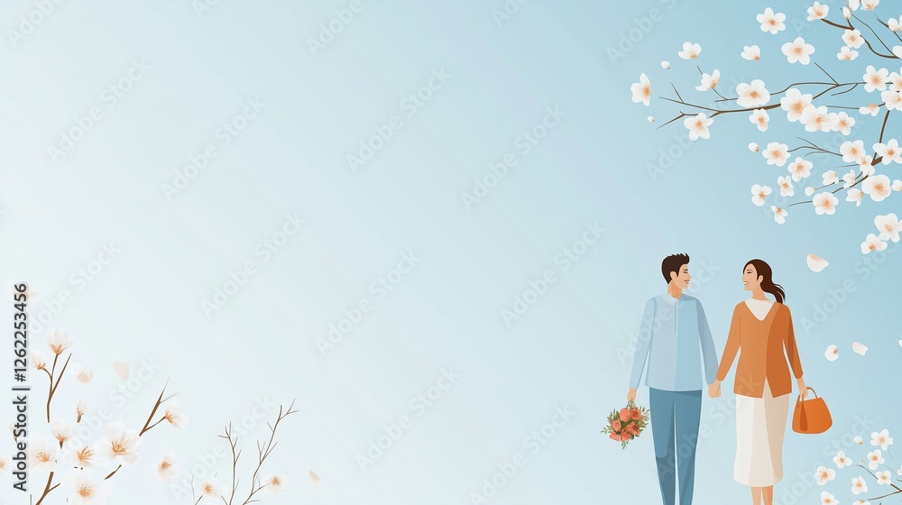 Couple enjoys a spring day together while holding hands and flowers in a picturesque setting Couple enjoys a spring day together while holding hands and flowers in a picturesque setting