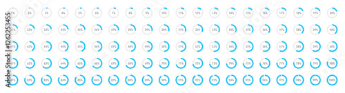 Set of round blue infographic pie charts, template segment of circle icons 0% - 100%, simple flat design loading data interface elements app button ui ux web, vector isolated on white background
