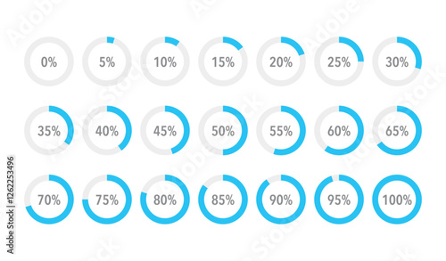 Set of round blue infographic pie charts, template segment of circle icons 0% - 100%, simple flat design loading data interface elements app button ui ux web, vector isolated on white background