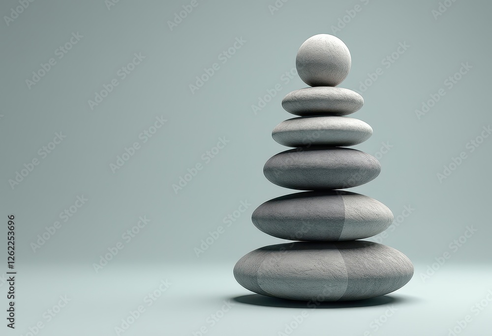 3D Render: White Pebbles Balanced on Light Blue Background. A stack of pebbles on a reflective surface. 3D Render: White Pebbles Balanced on Light Blue Background. A stack of pebbles on a reflective surface.