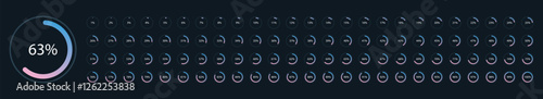 Set of blue pink gradient infographic pie charts, segment of circle icons 0% - 100%, simple flat design loading data interface elements app button ui ux web, vector isolated on dark background